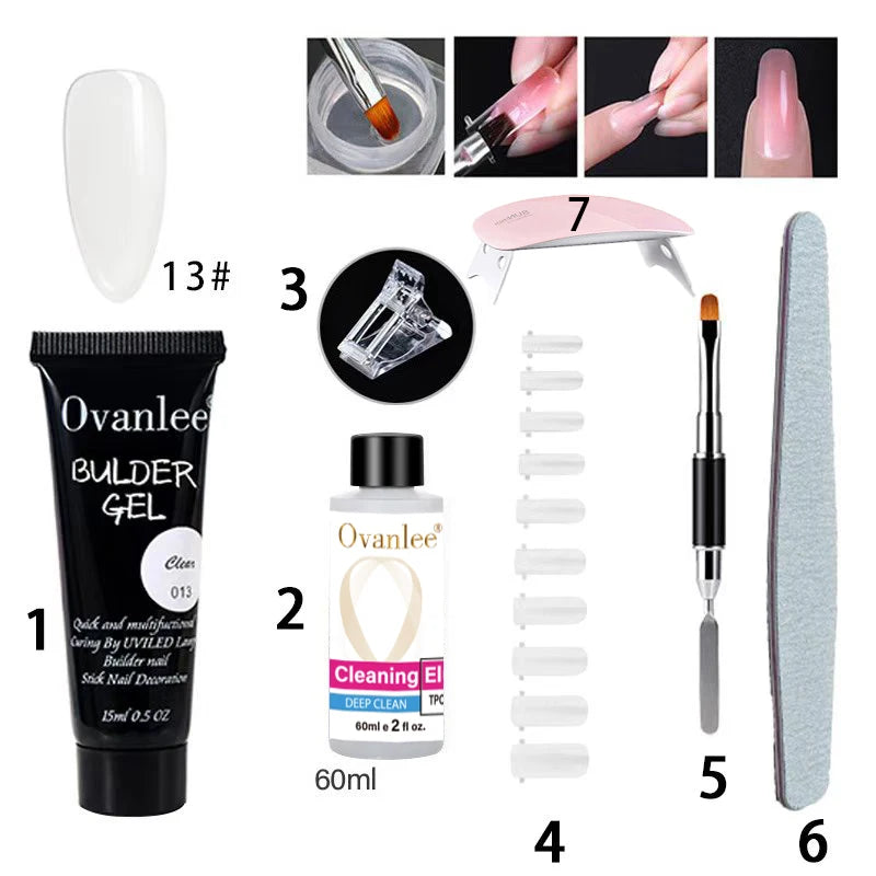 Ovanlee 18-Piece All-in-One Nail Builder Gel Kit – 12 Colors 15ml Polygel with Mini UV/LED Lamp, Cleaning Fluid, Nail Tips & Tools – Form-Free DIY Manicure Extension & Strengthening Set