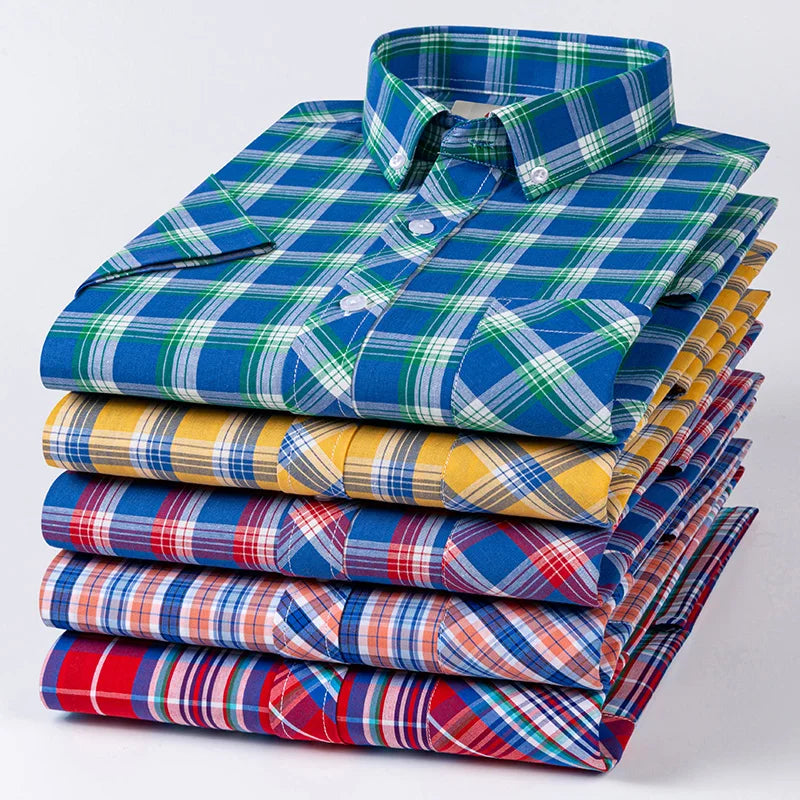 Fashion Korean Plus Size 8XL 100%Cotton Short Sleeve Shirts for Men Slim Fit Formal Plain Shirt Plaid Hawaiian Shirt Casual Top