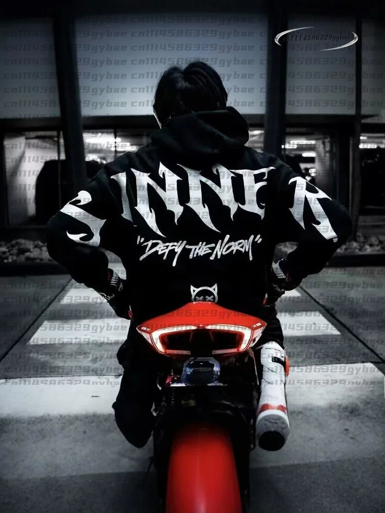Men Street Reflective Hoodie Y2k Style Gothic Long‑sleeve Pullover Hooded Sweatshirt Loose‑fit Motorcycle Rider Night Outing New