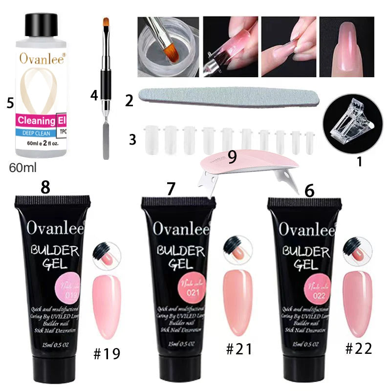 Ovanlee 18-Piece All-in-One Nail Builder Gel Kit – 12 Colors 15ml Polygel with Mini UV/LED Lamp, Cleaning Fluid, Nail Tips & Tools – Form-Free DIY Manicure Extension & Strengthening Set