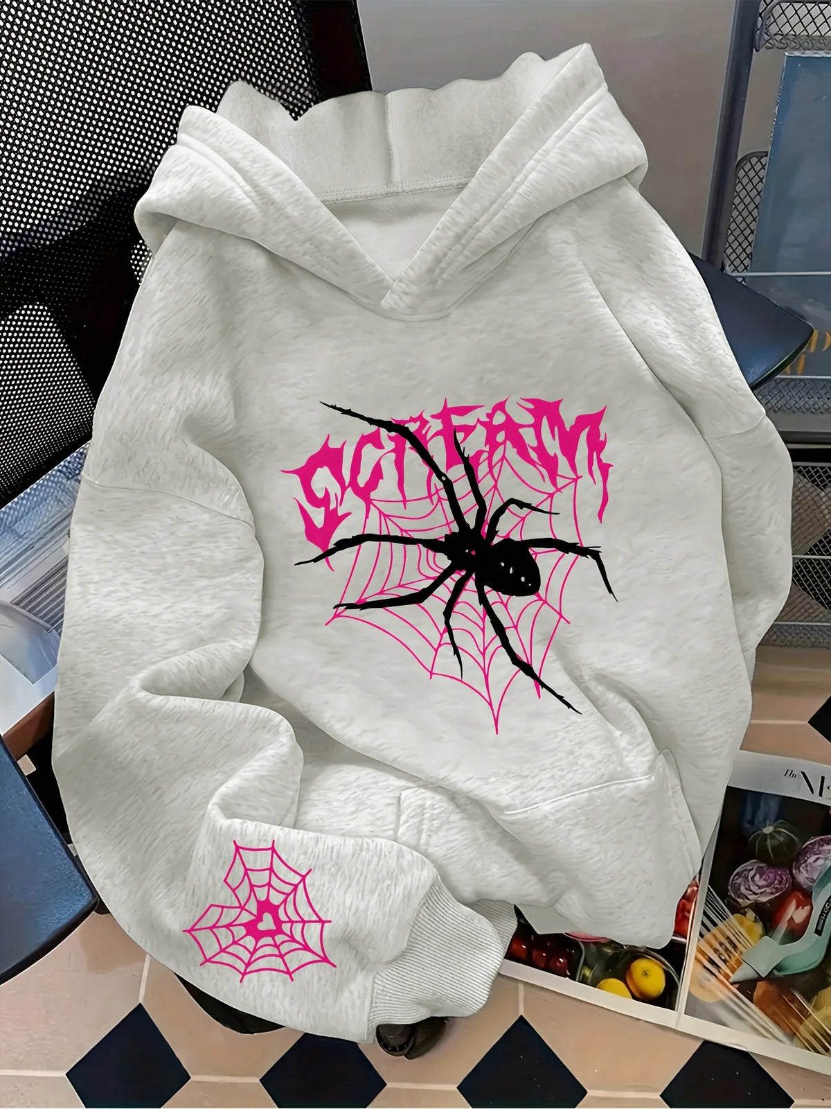 Men's Gothic Spider Print Hoodie Hip Hop Sports Casual Streetwear Pink Graffiti Pullover Sweatshirt Tops