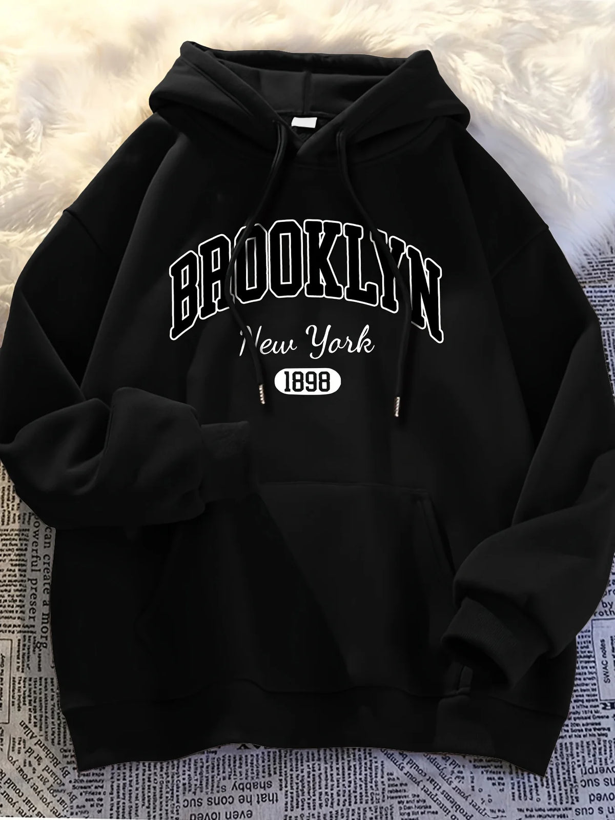 Brooklyn Hoodie Casual Wear Fashionable Letter Cartoon Print Women'S Casual Long Sleeve Pullover with Kangaroo Pockets  Trendy