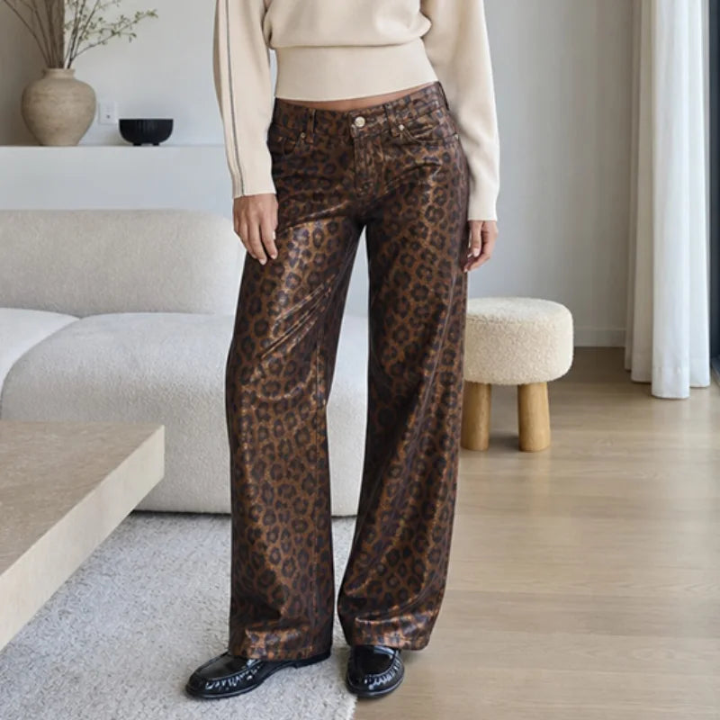 Leopard Print Luster Wide Leg Pants Vintage High Waist Straight Trousers 2026 New Casual Club Daily Street Women's Bottom