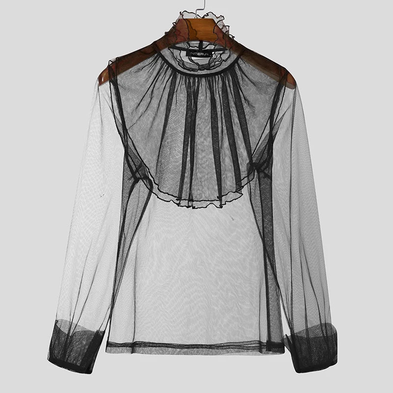 Fashion Well Fitting Tops INCERUN Sexy Men Thin High Neck Shoulder Pleated Shirt Casual Party Nightclub Long Sleeved Blouse 2025