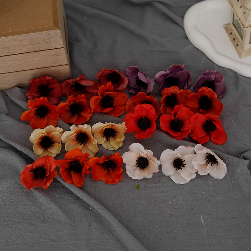 20pcs Poppy Artificial Flower Head Home Wedding Christmas Decor Fall Silk Anemone Fake Flower Gift Box Scrapbook DIY Accessories