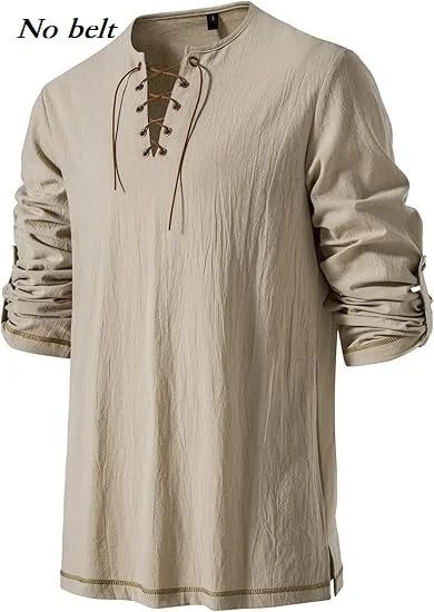 Men Medieval Lace Up Linen Long Sleeve Tunic Viking Pirate Renaissance Cosplay Shirt With Vintage Embossed Leather Belt