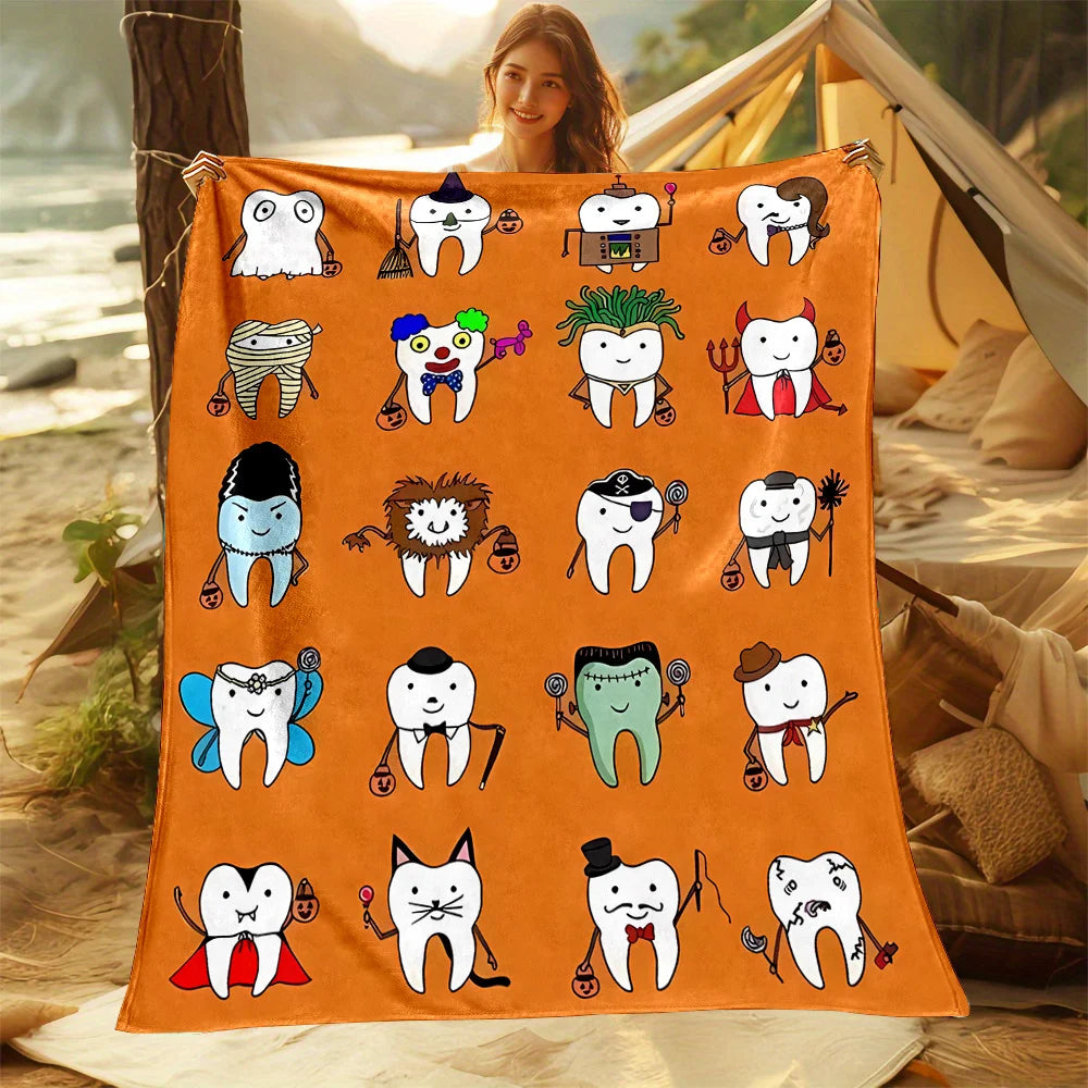 1pc, Cartoon Teeth Print, Reversible Flannel Fleece Blanket, Contemporary Style, All-Season, No Shedding, Durable, Sof