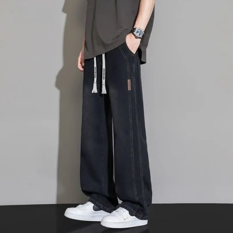Summer Thin Denim Jeans Elastic Waist Large Size American Loose Slimming Wear Resistant Long Casual Men's Pants Cotton Blend