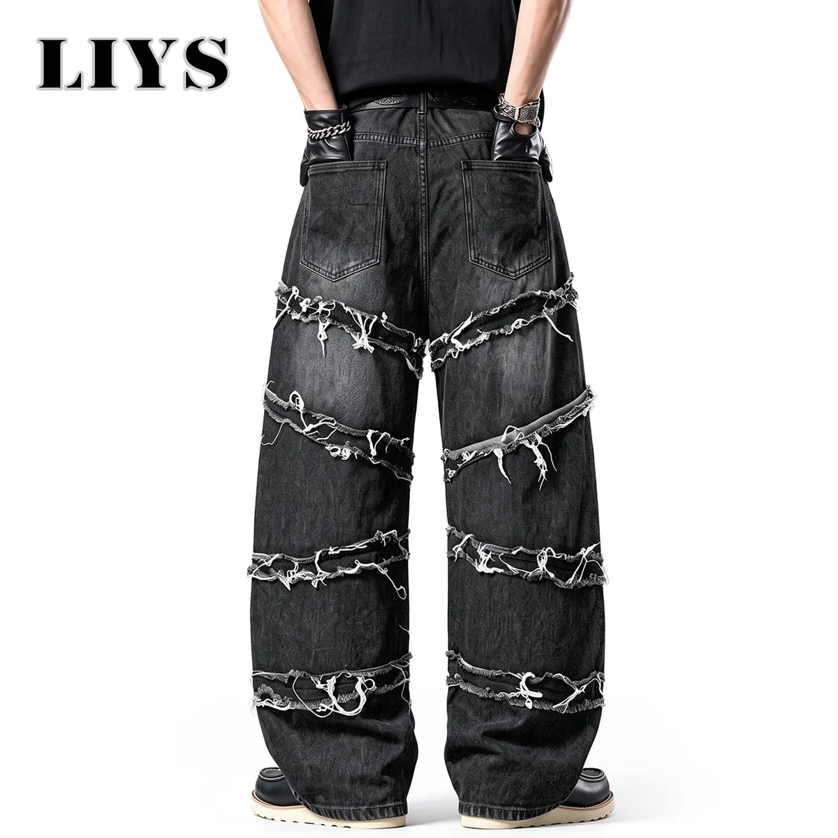 LIYS Men's Gothic Baggy Jeans Raw Frayed Edge Deconstructed Patchwork Wide Leg Denim Pants Y2K Punk Streetwear Trousers ﻿