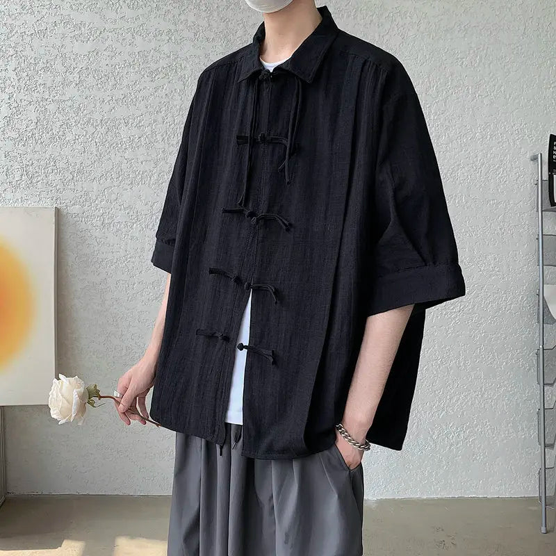 Oversized Men Shirts Cotton Linen Harajuku Style Short Sleeve Shirt Men Loose Trend Solid Color Casual Male Hip Hop Tops 5XL