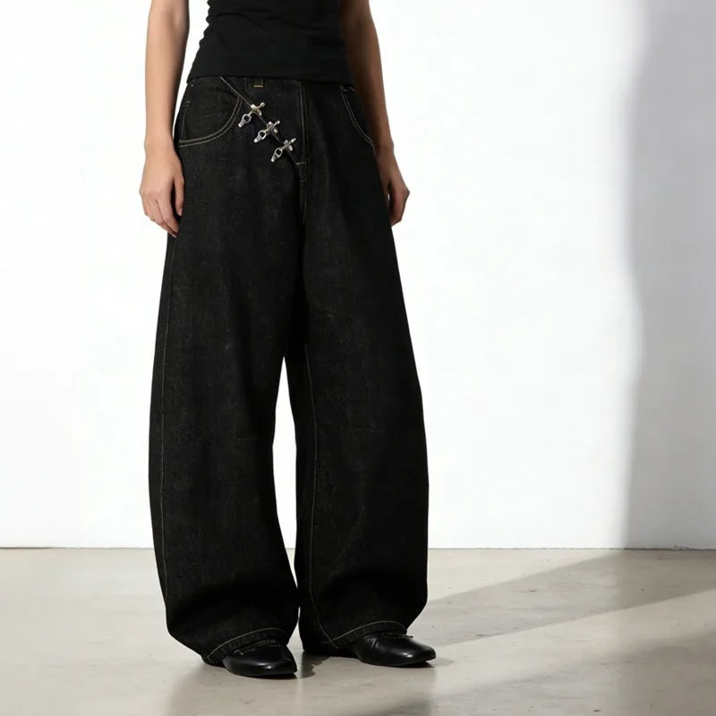 IEFB Airplane Button Design Black Men's Boot Cut Jeans Niche Unisex High Street Loose Wide Leg Denim Long Pants 2026 New 9X2176