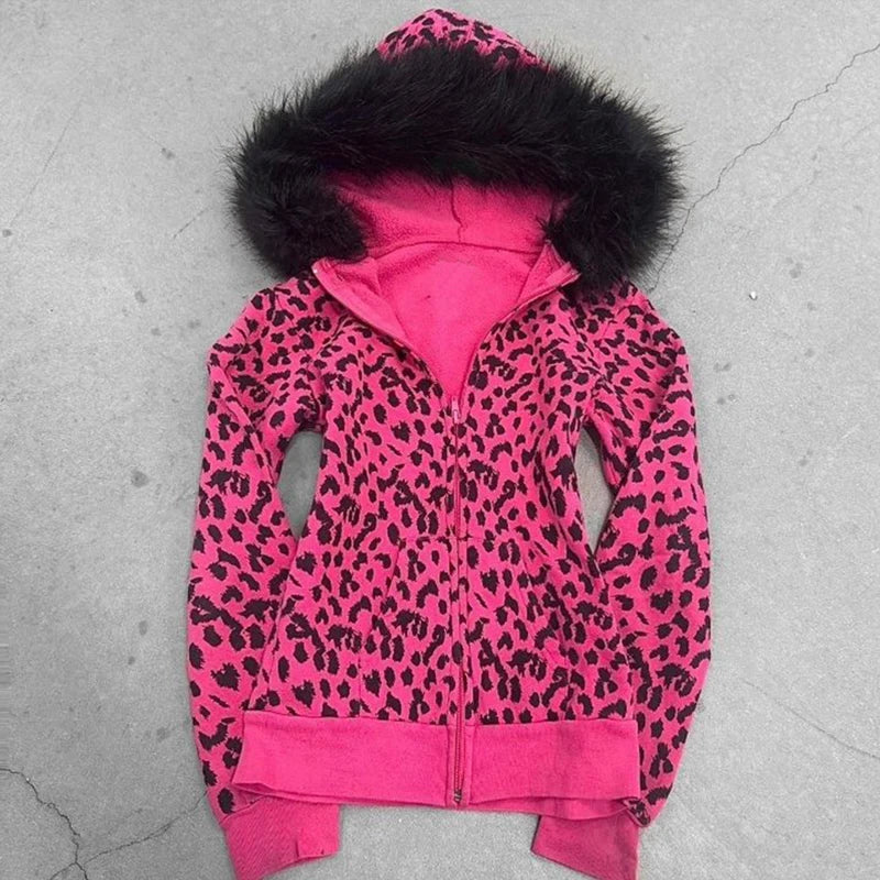 2026 Fall Winter Gothic Y2K Women's Hoodie Sexy Slim Casual Chic Fur Collar Cardigan Sweatshirt Grunge Harajuku Gyaru Streetwear