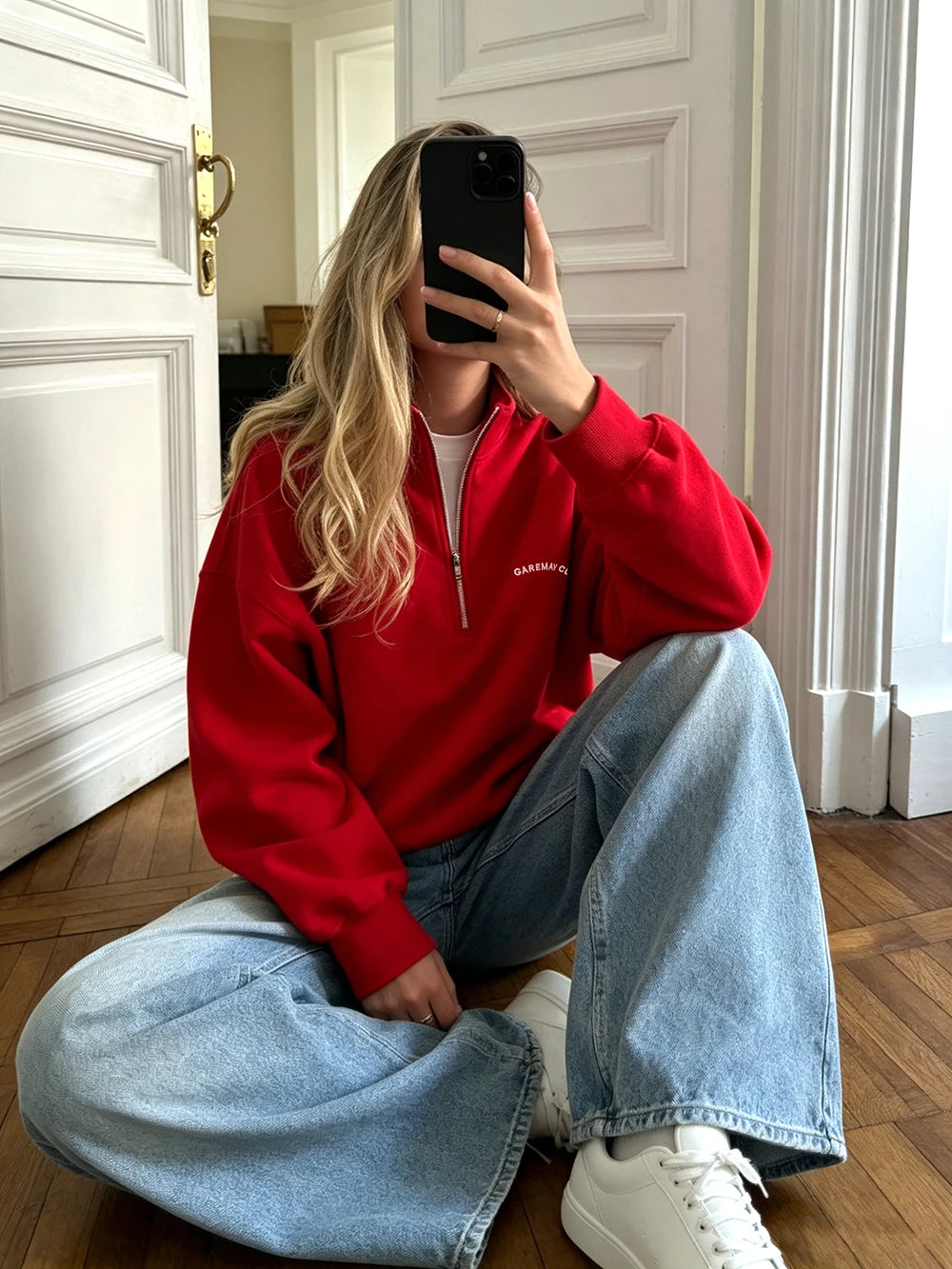 Fashion Women's Zip-up Sweatshirt Oversized Autumn Red Vintage Pinterest Sweatshirt with Zipper Cotton Long-sleeved Street Style