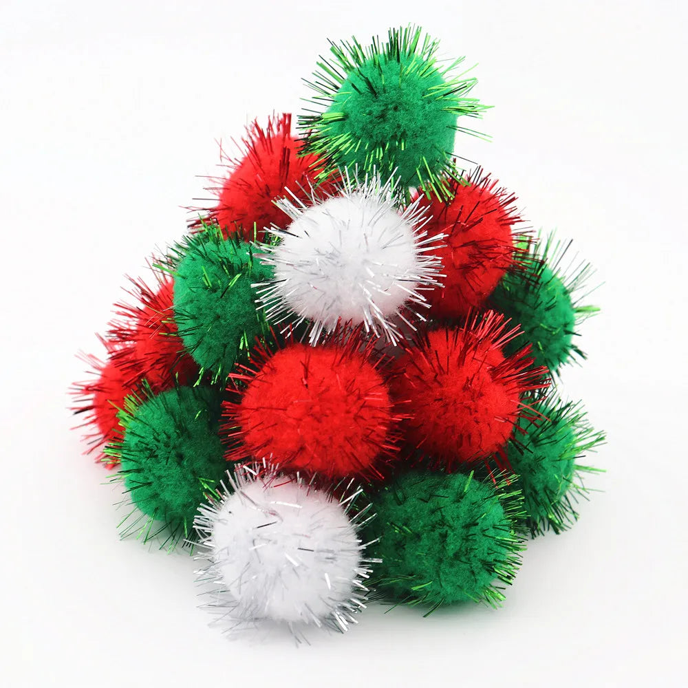 10-30mm Sparkle Glitter Pompoms Balls for Craft White Green Red Plush Glitter Tinsel Pom Pom for Christmas Decor Craft Supplies