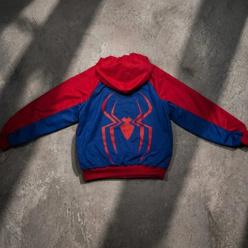 Unisex Fashion Cosplay Hooded Jacket Red Blue Colorblock Spider Pattern Hoodie Casual Y2K Streetwear Long Sleeve Sweatshirt Top