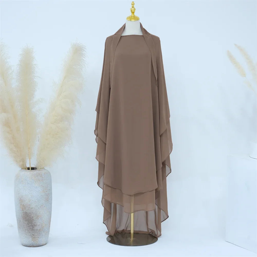 Two Layer Chiffon Extra Long Khimar Niqab Eid Ramadan Muslim Women Islamic Clothing Prayer Garment Overhead Abaya Dress Kaftan