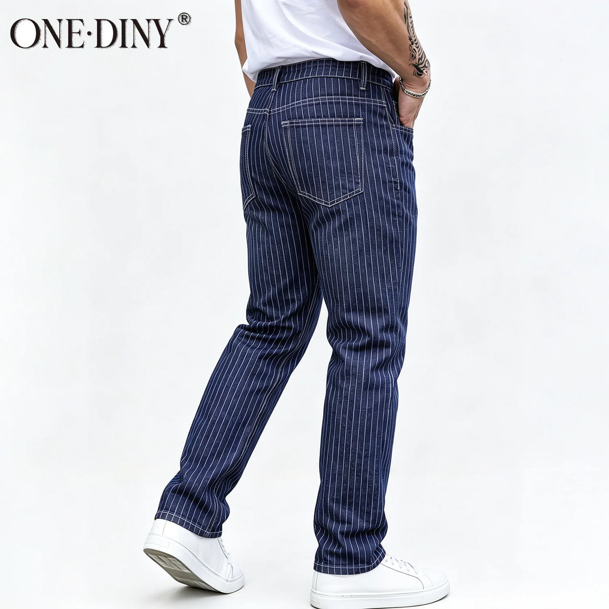 ONE·DINY Light Blue White Striped Jacquard Slim Elastic Fit Straight Leg Jeans Business Casual Style Commuting Denim Pants﻿