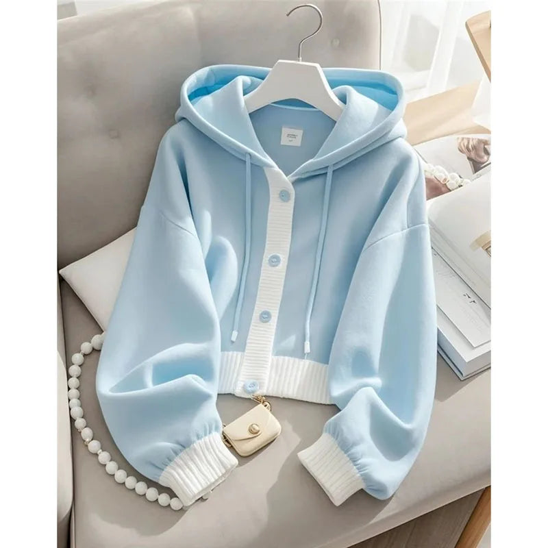 Lazy Wind Femme Hooded Sweatshirts Jacket Autumn Winter Women Patchwork Cardigan Hoodies Advanced Ladies Loose Blue Top Coat 5XL