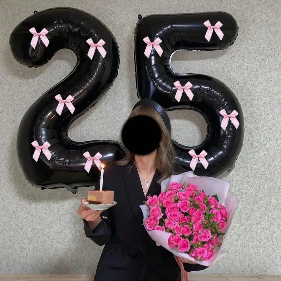 40Inch Pink Bowtie Decorated Black Number Balloon with Pink Bow for Birthday Parties Valentine's Day Weddings Christmas Decor