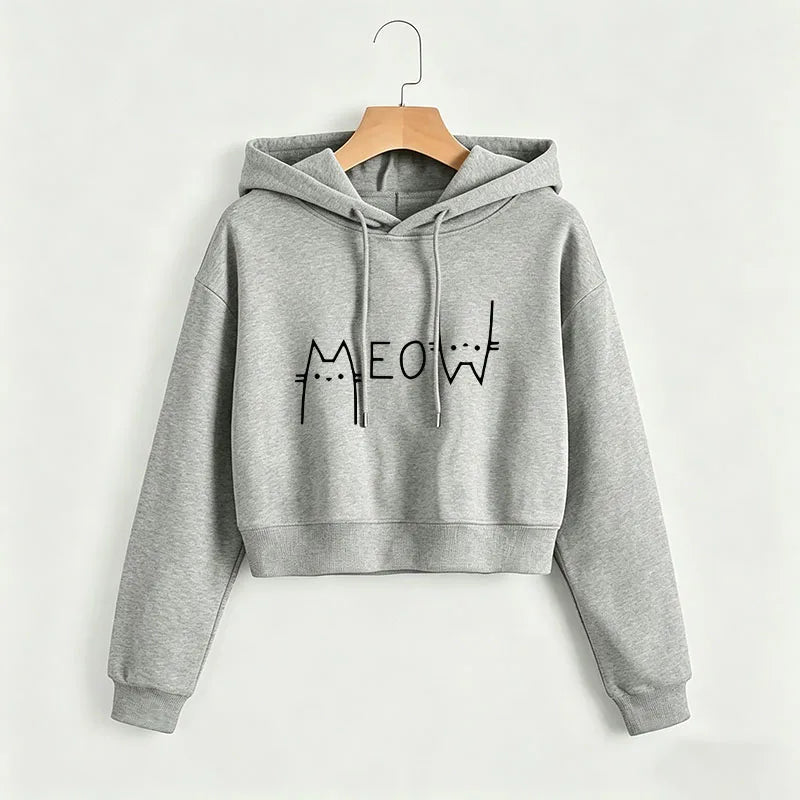 Funny Meow Cat Cropped Sweatshirt Crop Top Hoodie Y2k Sweatshirts Gothic Casual Style Clothes kawaii girls hoodies