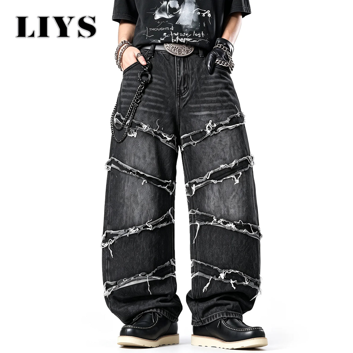 LIYS Men's Gothic Baggy Jeans Raw Frayed Edge Deconstructed Patchwork Wide Leg Denim Pants Y2K Punk Streetwear Trousers ﻿