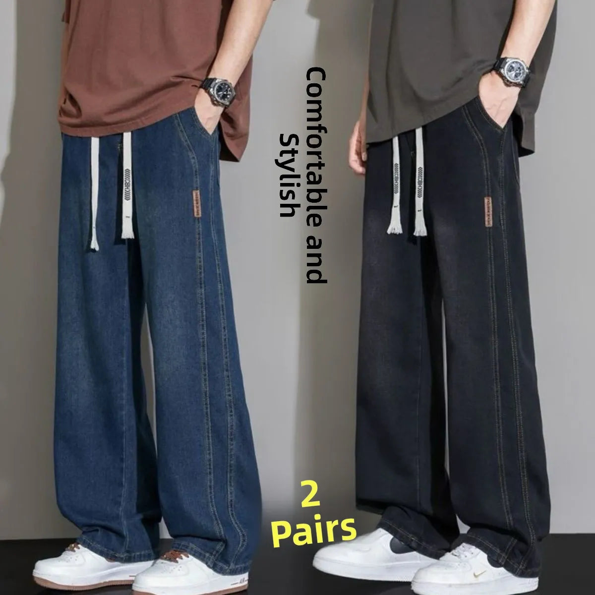 Summer Thin Denim Jeans Elastic Waist Large Size American Loose Slimming Wear Resistant Long Casual Men's Pants Cotton Blend