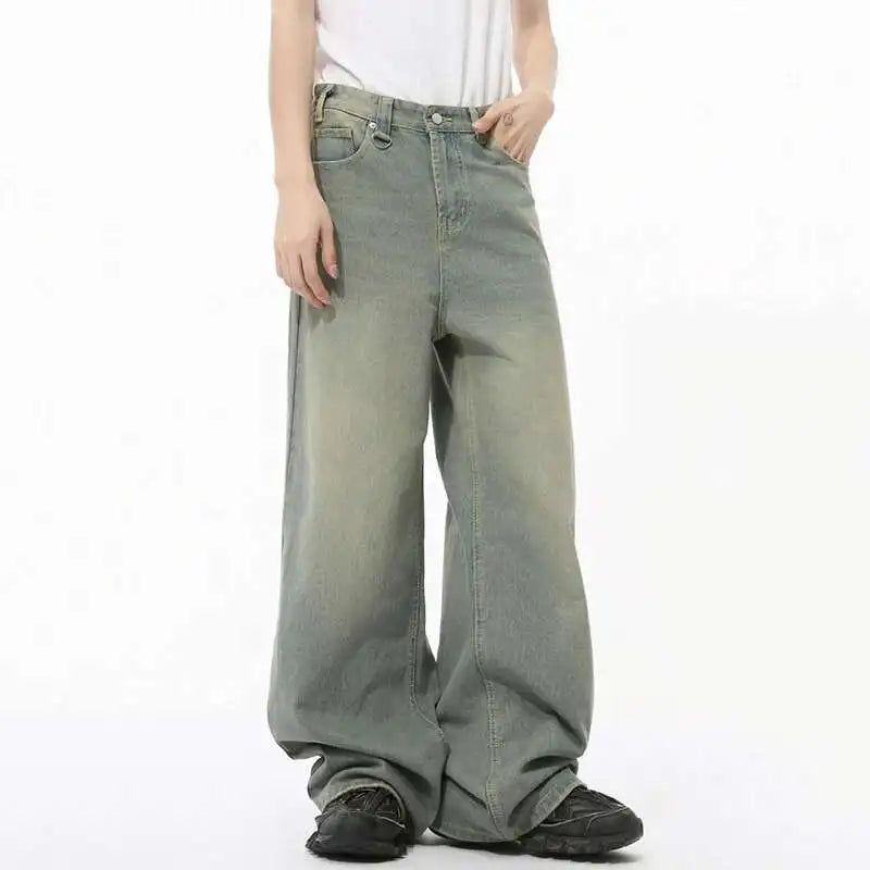 IEFB 2024 Autumn Men Denim Pants Straight Droop Vintage Loose Bottom Straight Wide Leg Casual Male Trousers Korean Style 9C1519