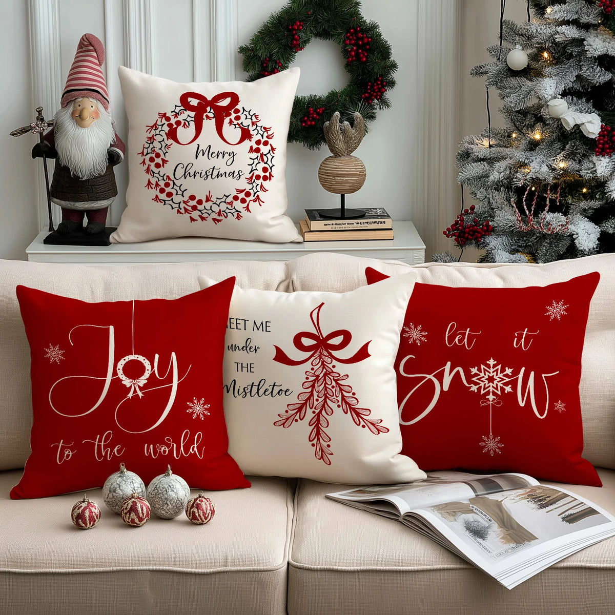 1/4pcs red Christmas pillowcase, bow Christmas wreath, Christmas plant design cushion cover, farmhouse Christmas decoration