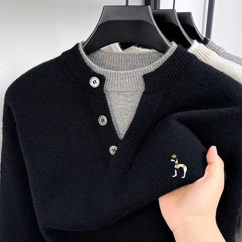 Korean Version Fashion Men‘s Long-Sleeved Knitwear Button Color Blocking False Two-Piece Embroidery Sweater Hot-Selling for Men