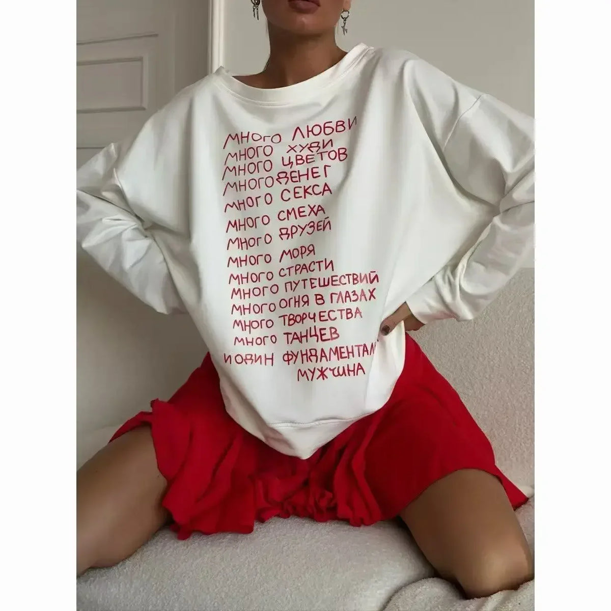 Russian Simple Superior Sense Prined O Neck Sweatshirt Women White Thin Autumn Hoodies Women Russian Style Loose Korean Fashion