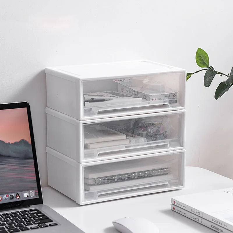 Stackable Clear Plastic Drawer Organizer, Dustproof Desktop Storage Box for Office, Makeup & Stationery, Space-Saving