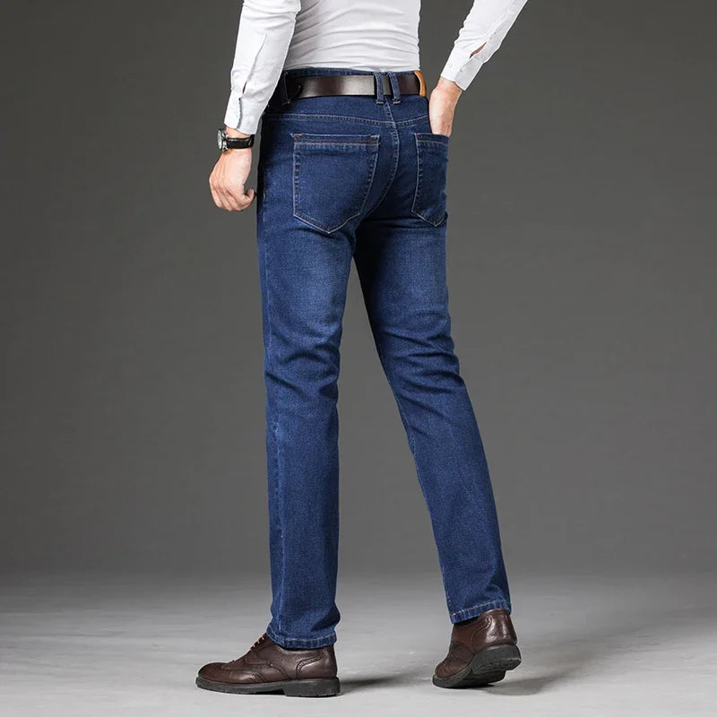 Large Size 40 42 44 46 2025 New Business Casual Stretch Trousers Classic Blue Denim Pants Male Men's Loose Straight Jeans