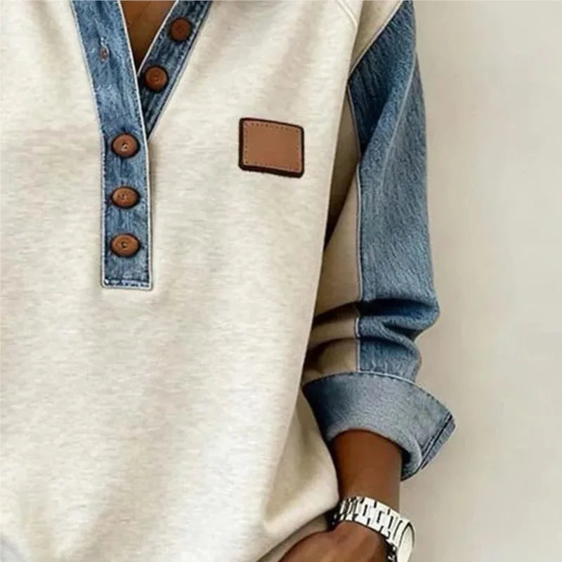 Spring Retro Contrast Color Women Sweatshirt Elegant Turn-down Collar Button Tops Pullover Autumn Long Sleeve Loose Top