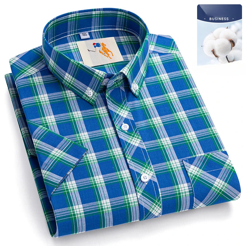 Fashion Korean Plus Size 8XL 100%Cotton Short Sleeve Shirts for Men Slim Fit Formal Plain Shirt Plaid Hawaiian Shirt Casual Top