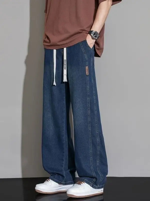 Summer Thin Denim Jeans Elastic Waist Large Size American Loose Slimming Wear Resistant Long Casual Men's Pants Cotton Blend