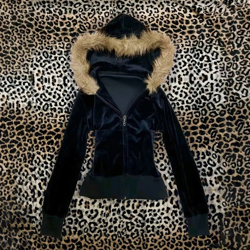 2026 Fall Winter Gothic Y2K Women's Hoodie Sexy Slim Casual Chic Fur Collar Cardigan Sweatshirt Grunge Harajuku Gyaru Streetwear