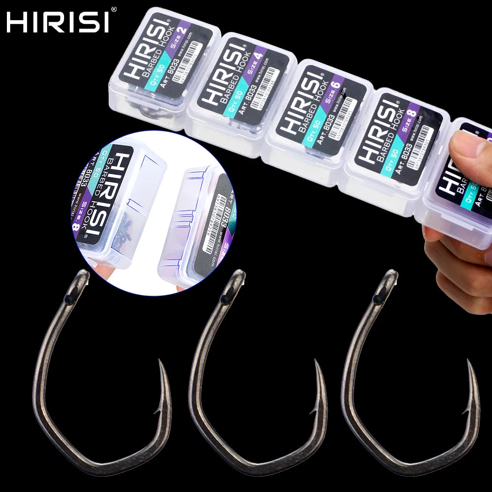 Hirisi 50pcs PTFE Coated High Carbon Stainless Steel Micro Barbed Fish Hook With Eye 8033 Fishing Accessories Spliceable Box