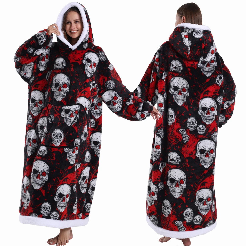 Wearable Blanket Hoodie with Sleeves Winter Oversized Blanket for Adults Extra Long Halloween Pajamas Pumpkin Skull Home Clothes