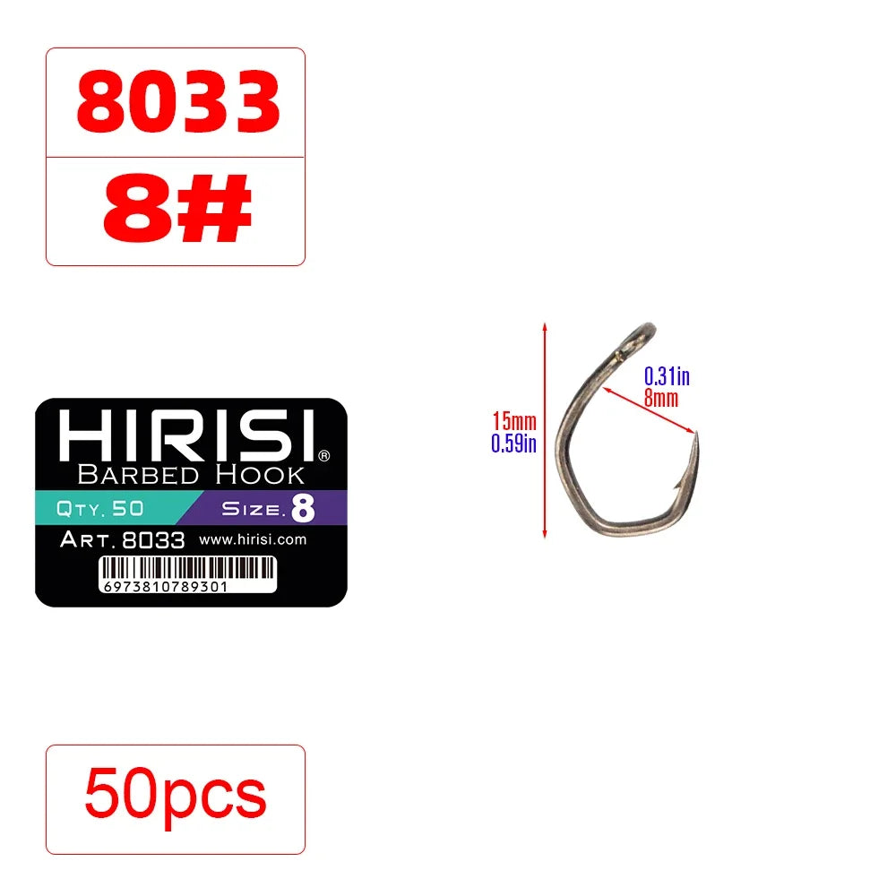 Hirisi 50pcs PTFE Coated High Carbon Stainless Steel Micro Barbed Fish Hook With Eye 8033 Fishing Accessories Spliceable Box