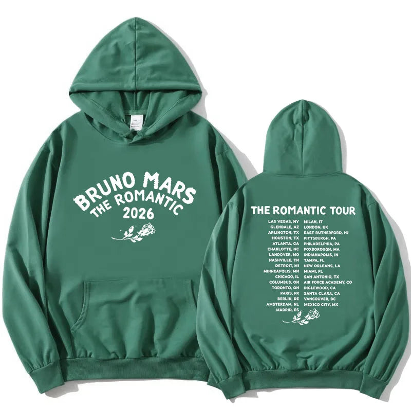 The Romantic Tour Hoodie BRUNO MARS Singer Design Sweatshirt Long Sleeve Loose Hooded Pullovers Women Men Clothing Print Merch