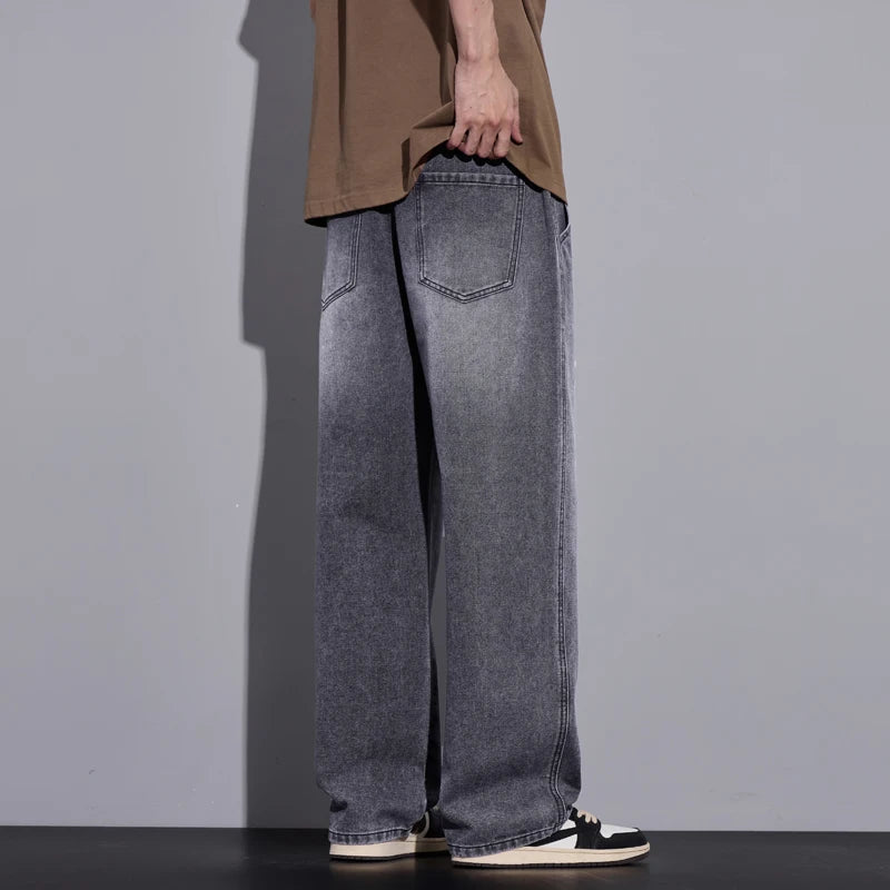 Men's Clothing Wide-leg Pants Baggy Jeans Streetwear Straight Fashion Denim Trousers Y2k Vintage Washed Elastic Waist Man Pants