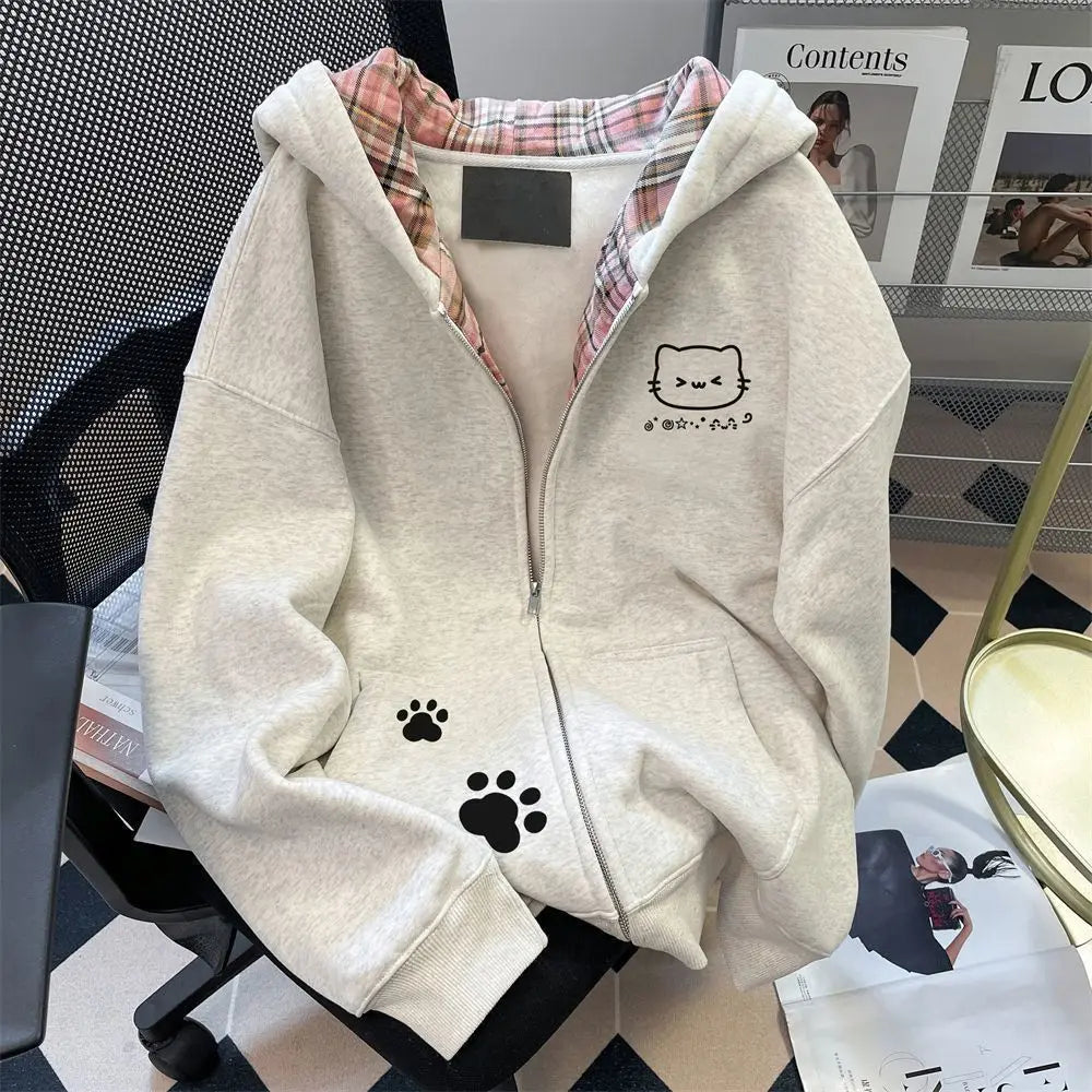 Japanese Cartoon  Print Hooded Open Cardigan Sweatshirt Women's Autumn Winter Fleece Loose Casual Zipper Long Sleeve Top