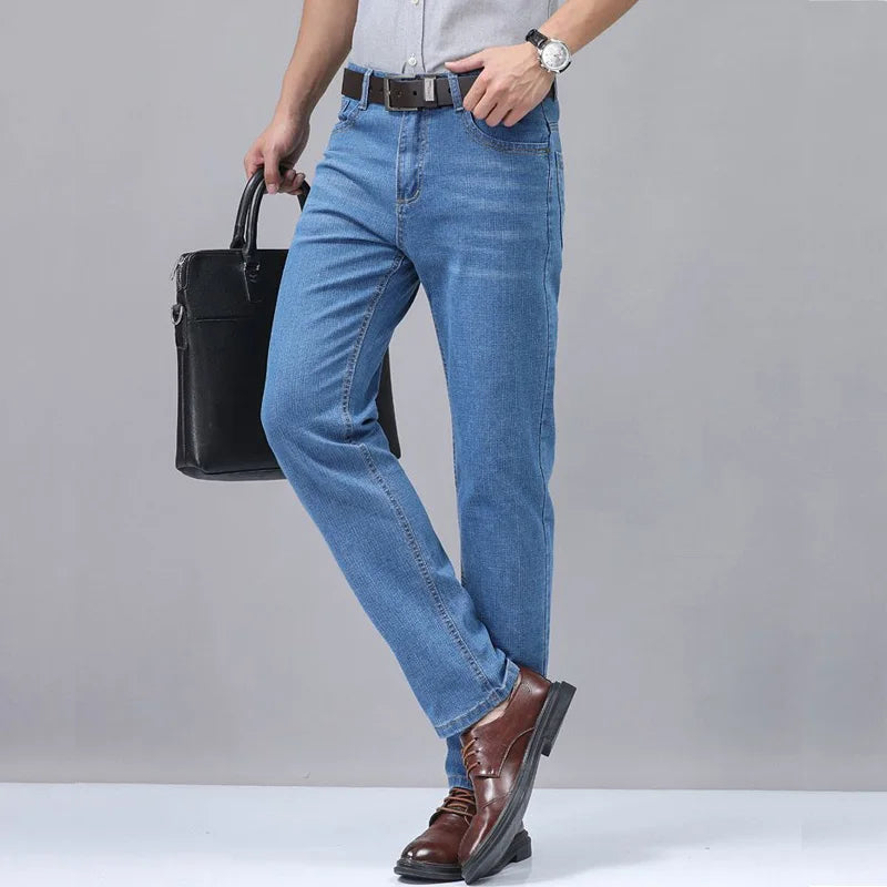 Summer Thin Men's Elastic Cotton Jeans Fashion Sky Blue Comfortable Business Straight Casual Pants Brand Male Clothes Trousers