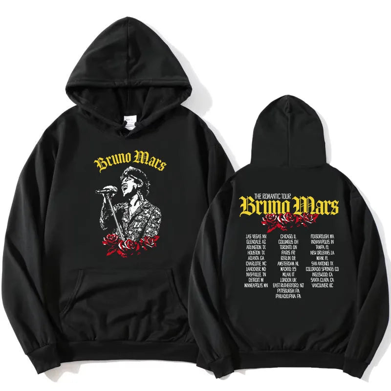 The Romantic Tour Hoodie BRUNO MARS Singer Design Sweatshirt Long Sleeve Loose Hooded Pullovers Women Men Clothing Print Merch