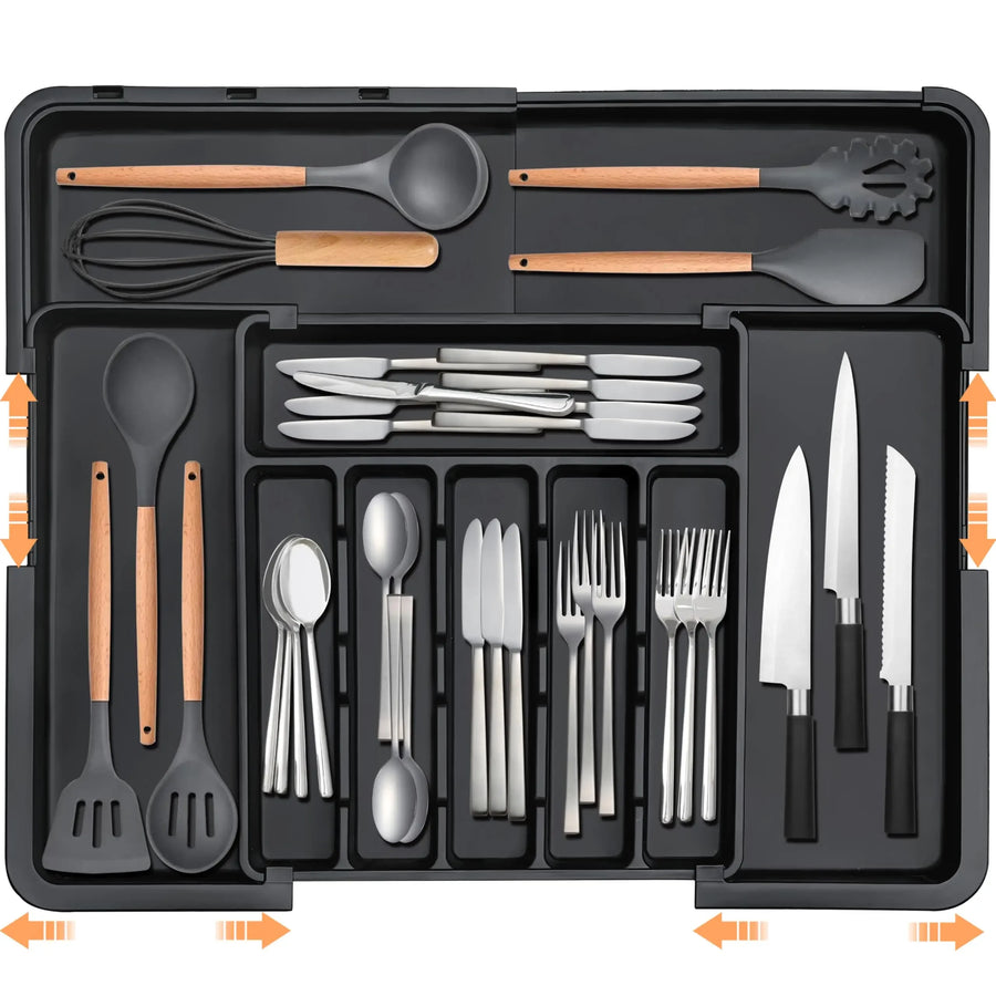 Silverware Organizer Expandable Kitchen Utensil Drawer Organizer Large Adjustable Cutlery Silverware Tray Kitchen Flatware Black