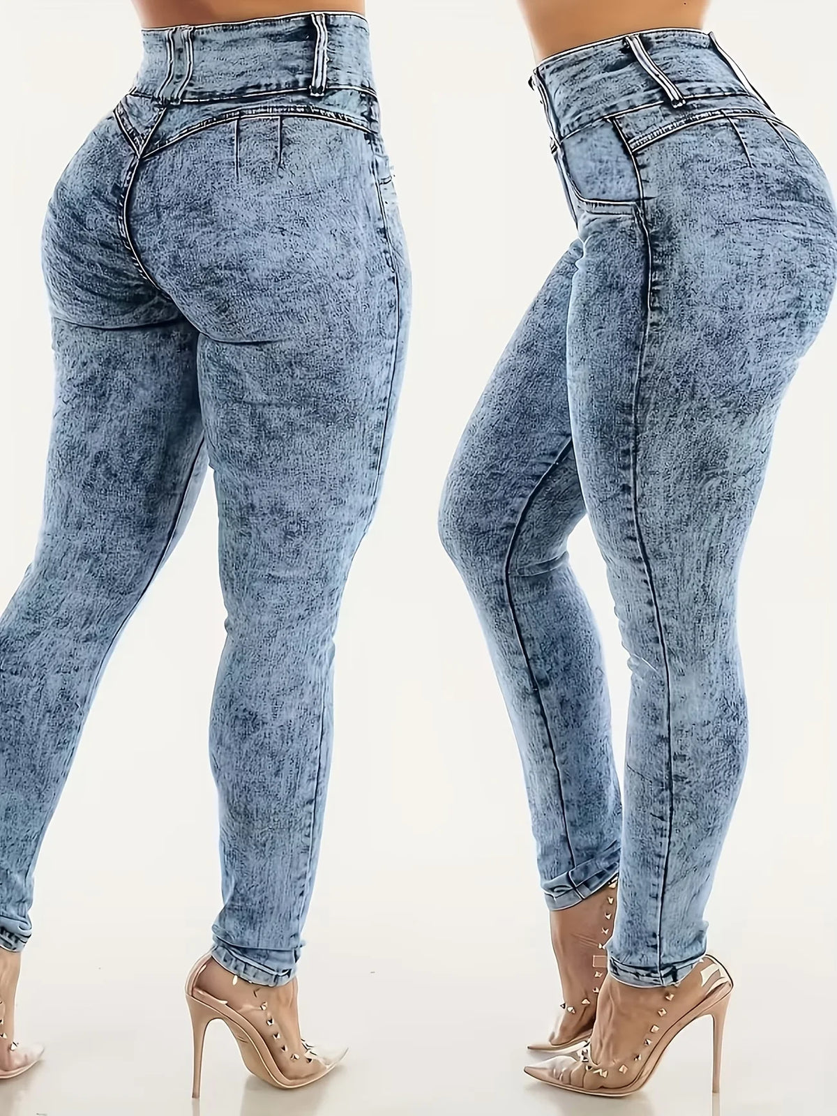 Women Printed Leggings Not Denim Fabric, Fake Pocket & Button Print Design Pants, High Elastic Fashion Slim Fit Skinny Casual
