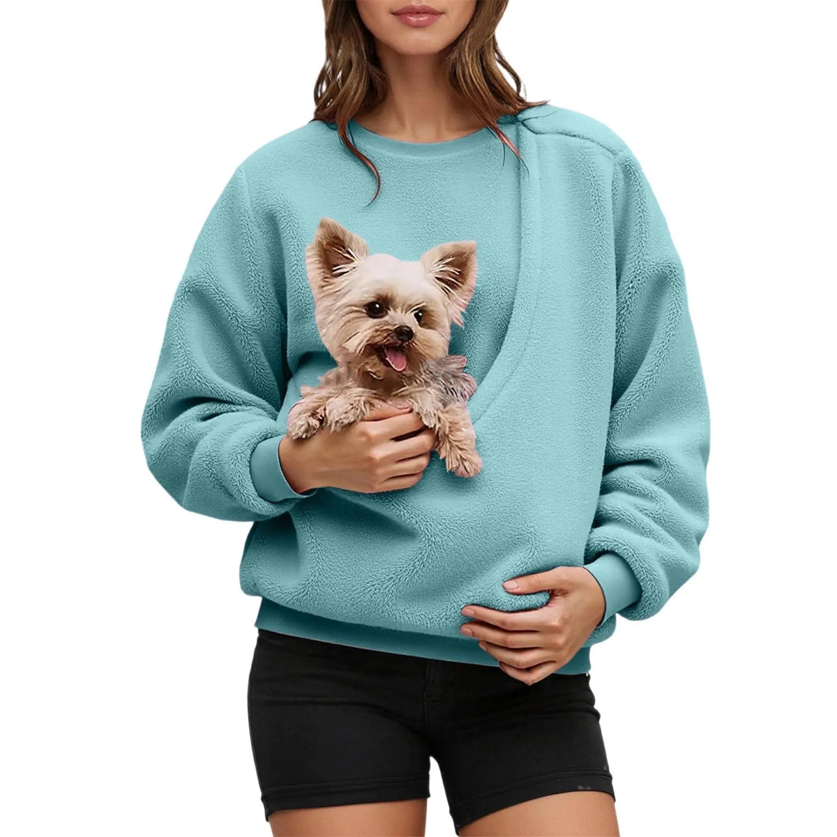 Pet Carrier Unisex Sweatshirt Casual Fleece Fabric Pullover Cozy Long Sleeve Top Couple Matching Pet Pouch Round Neck Shirt