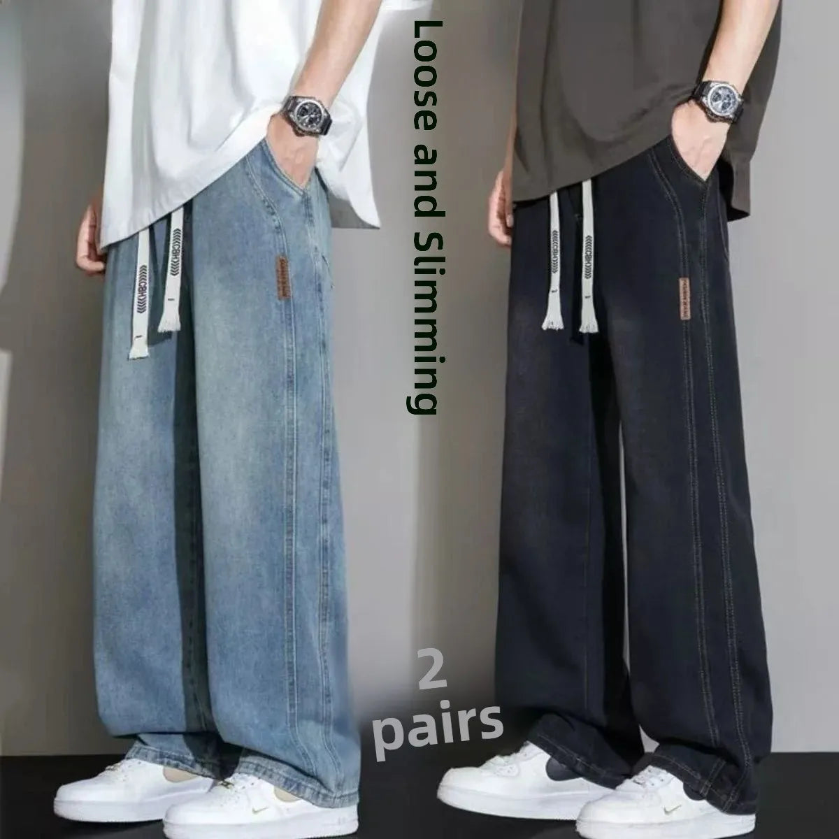 Summer Thin Denim Jeans Elastic Waist Large Size American Loose Slimming Wear Resistant Long Casual Men's Pants Cotton Blend