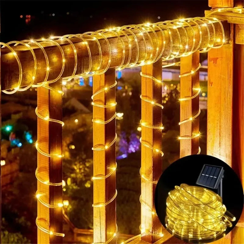New 1 Pack of 100 LED Solar String Lights. Waterproof Tubular Rope Lights for Outdoor Gardens. The Fairy Wreath Lights Are Powered by Solar Energy and Are Perfect for Christmas Parties, Festivals, and Outdoor Landscape Decora