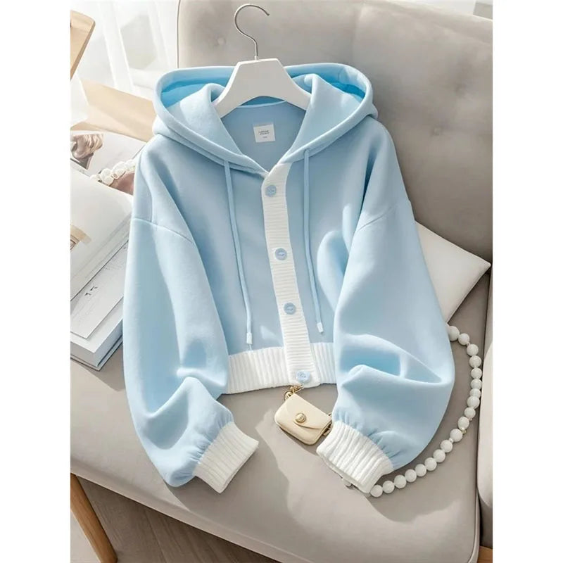 Lazy Wind Femme Hooded Sweatshirts Jacket Autumn Winter Women Patchwork Cardigan Hoodies Advanced Ladies Loose Blue Top Coat 5XL